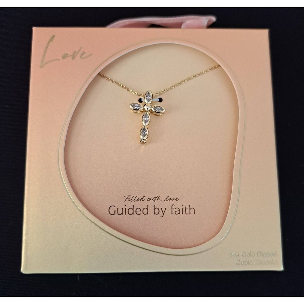 Faith Cross Necklace Women OS Gold NWT Cubic Zirconia Fish Heart 960-200-CB6 - Picture 2 of 2